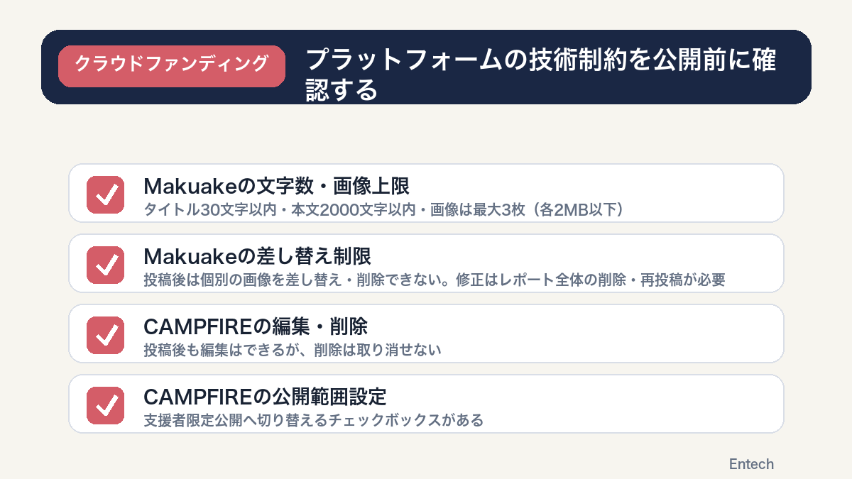 MakuakeとCAMPFIREの技術制約を公開前に確認するチェックリスト図解