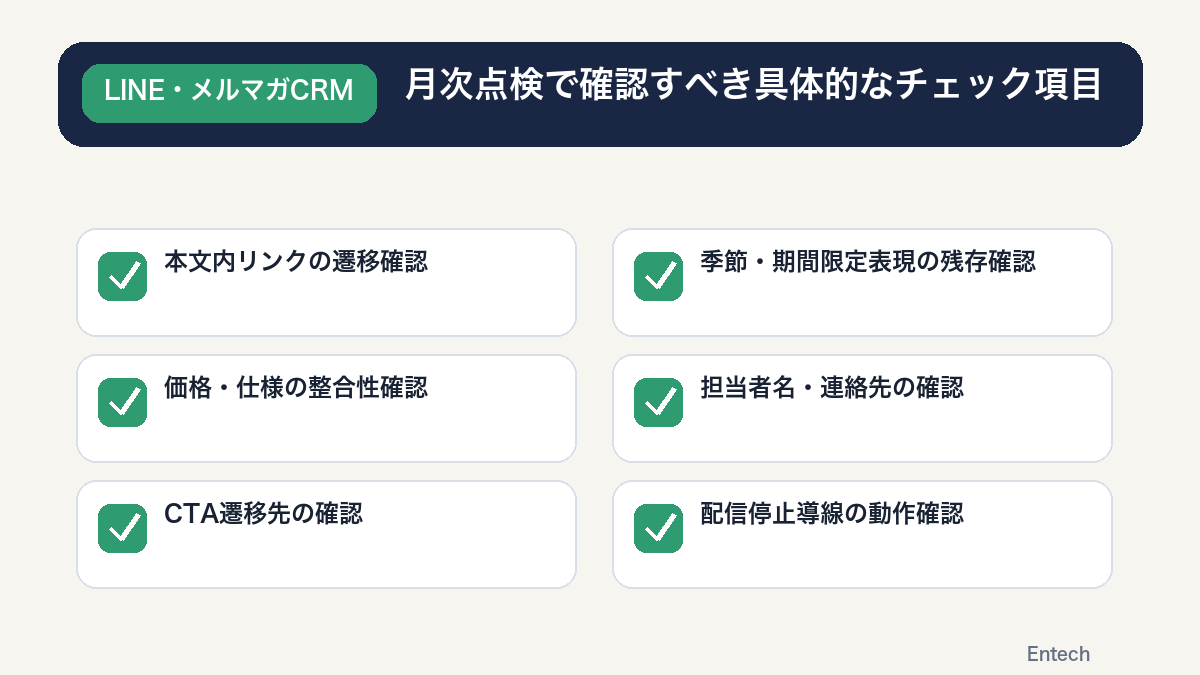 月次点検で確認すべき具体的なチェック項目を示す図解