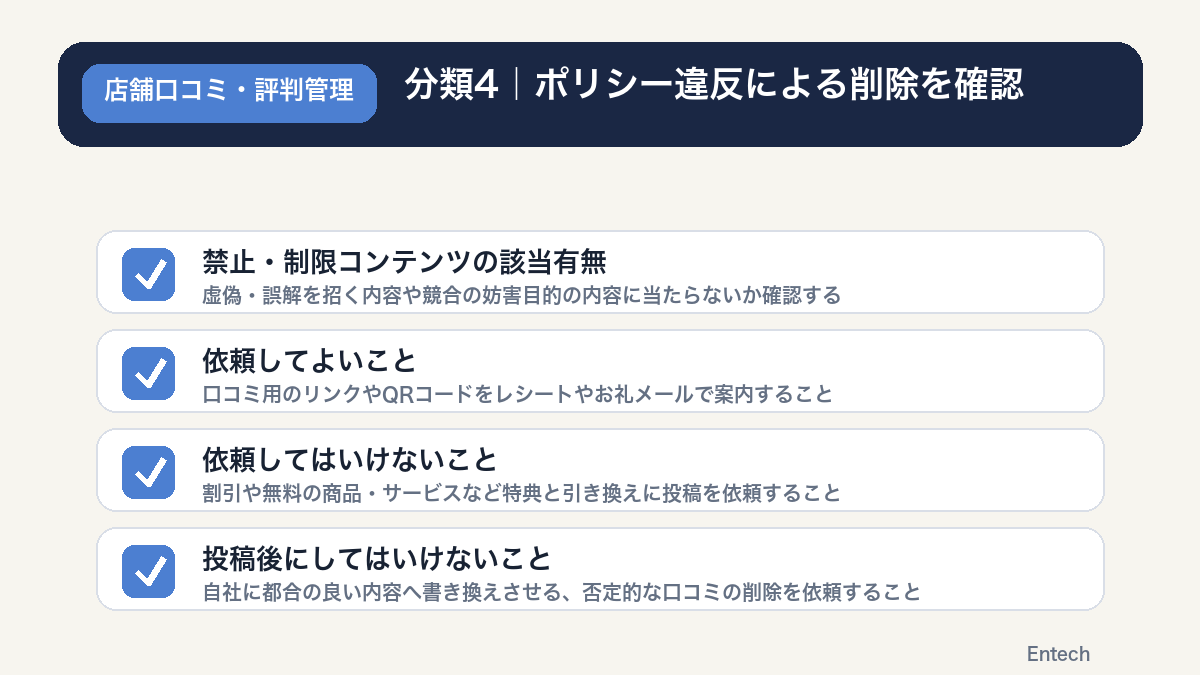 分類4のポリシー違反による削除を確認するチェックリスト図解