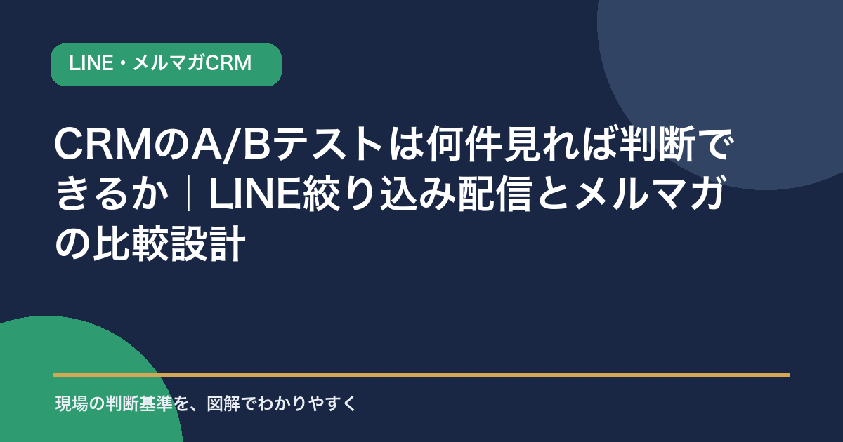 CRMのA/Bテストで確認する割付・到達数・クリック数・購入数・停止条件を示すアイキャッチ画像