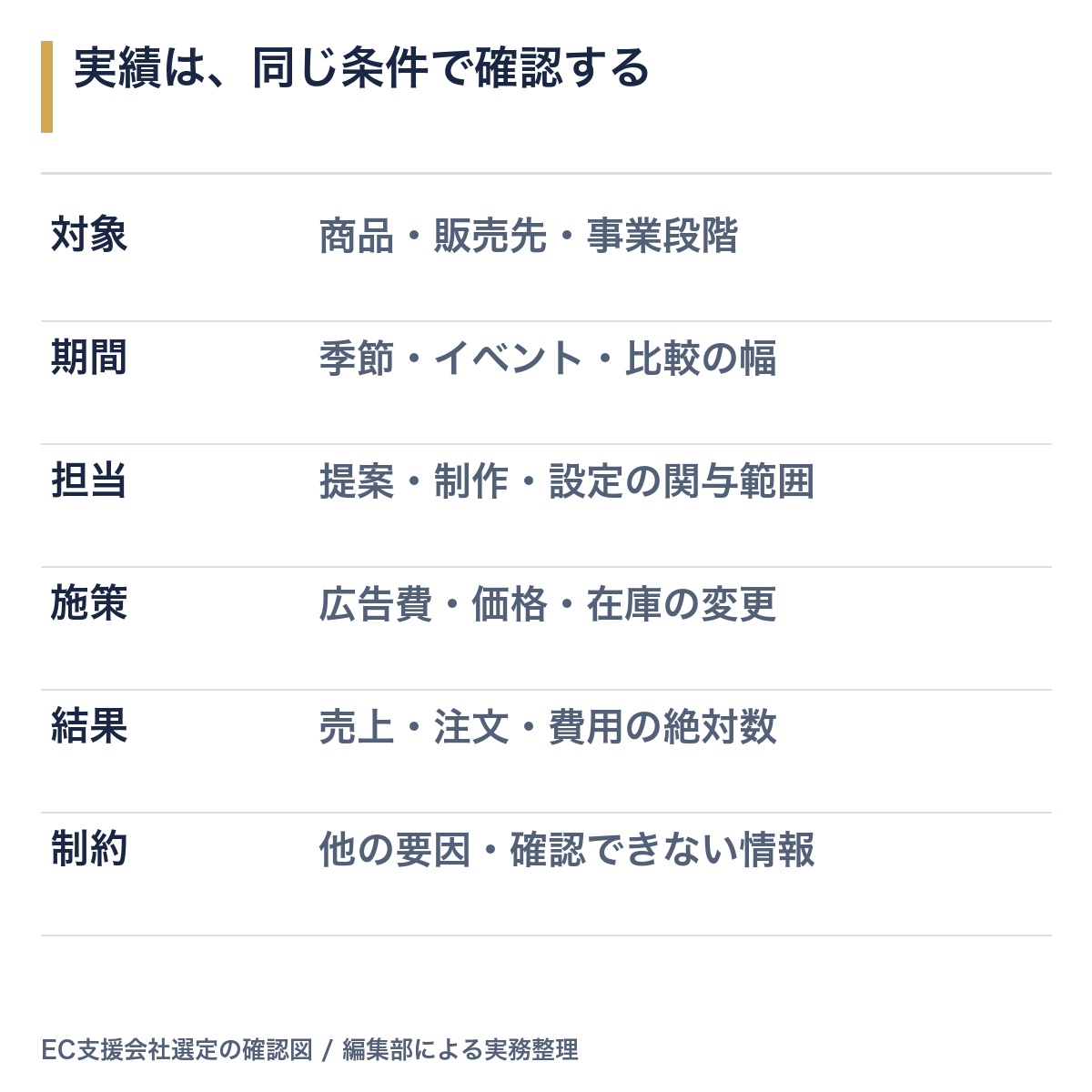 実績を確認する対象、期間、担当、施策、結果、制約の六項目